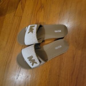 Michael Kors White and Tan Slide Sandals